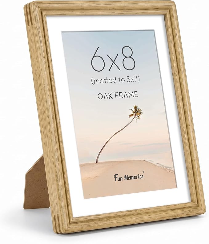 6x8 Picture Frame with Mat for 5x7, USA-Sourced Natural Oak Wood Handcrafted Rounded Corner with HD Tempered Glass, 6 x 8 Photo Frames Gallery Wall & Tabletop, Vertical or Horizontal Display