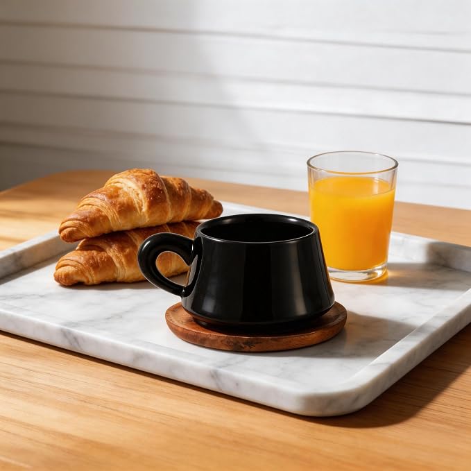 Black Cappuccino Mug and Wood Saucer - 7 oz Ceramic Coffee Cup with Saucer | Microwave Dishwasher Safe | For Tea, Espresso, Latte | Porcelain Cup Set for Kitchen Cafe | Great Gift