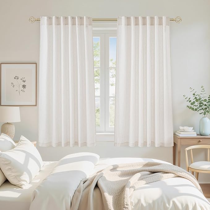 NICETOWN Linen Semi Sheer Curtains 72 inches Long, Rod Pocket & Back Tab Thick Flax Linen Weave Drapes Privacy Added with Light Filtering for Bedroom/Farmhouse, Cream, W55 x L72, 2 Panels