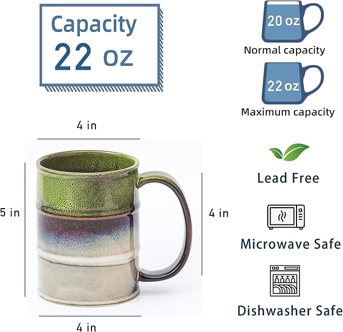 Coffee Mug, 22 oz Beer Mugs Large Ceramic Coffee Mug Tea Cups, Handmade Mug with Big Handle for Office and Home, Dishwasher and Microwave Safe (Light Green)