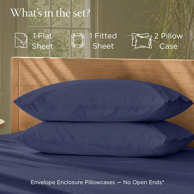 Threadmill 100% Organic Cotton Sheets - Queen, 4 Piece, Folkstone Blue - Certified by GOTS - Soft and Cooling Bedsheet Set with Reusable Bag, Snug Fit with 16" Deep Pocket - Ultra Light
