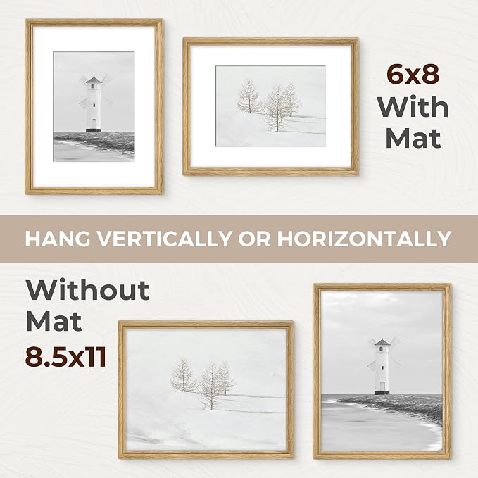 8.5x11 Picture Frame with Mat for 6x8, USA-Sourced Natural Oak Wood Handcrafted Rounded Corner with HD Tempered Glass, 8.5 x 11 Photo Frames Gallery Wall & Tabletop, Vertical or Horizontal Display
