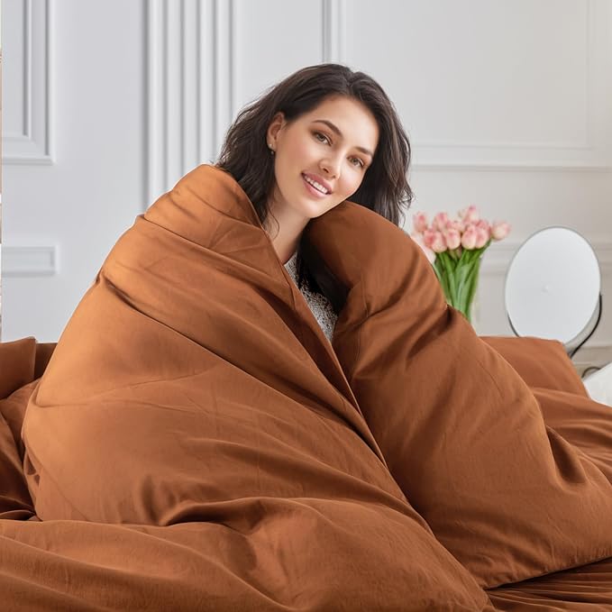 NEXHOME PRO Duvet Cover Set 100% Washed Cotton Oversized Queen 98"x98", Organic Natural Linen Look Textured 3 Pieces Bedding Set Terracotta Burnt Orange with Zipper Closure, Soft (No Comforter)