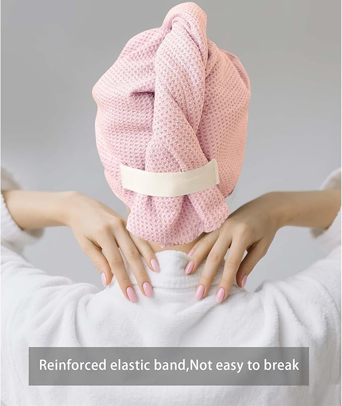 ROLSHOL 2 Pack Microfiber Hair Towel Wrap for Women, 32" x 11" Waffle Weave Hair Plopping Towel for Curly, Long & Thick Hair, Anti-Frizz Hair Turbans for Wet Hair (Pink, Grey)