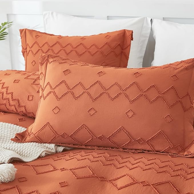 EMME Boho Duvet Cover Twin Size - 2 Pieces Embroidery Shabby Chic Bedding, Tufted Comforter Cover for All Seasons, 1 Duvet Cover + 1 Pillowcase (Pumpkin, Twin)