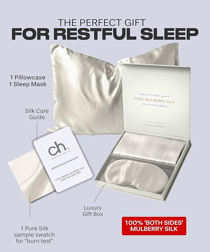 Colorado Home Co - King Size Silk Sleep Mask and Pillowcase Set, Off White, 100% Mulberry Silk, 2 Pack