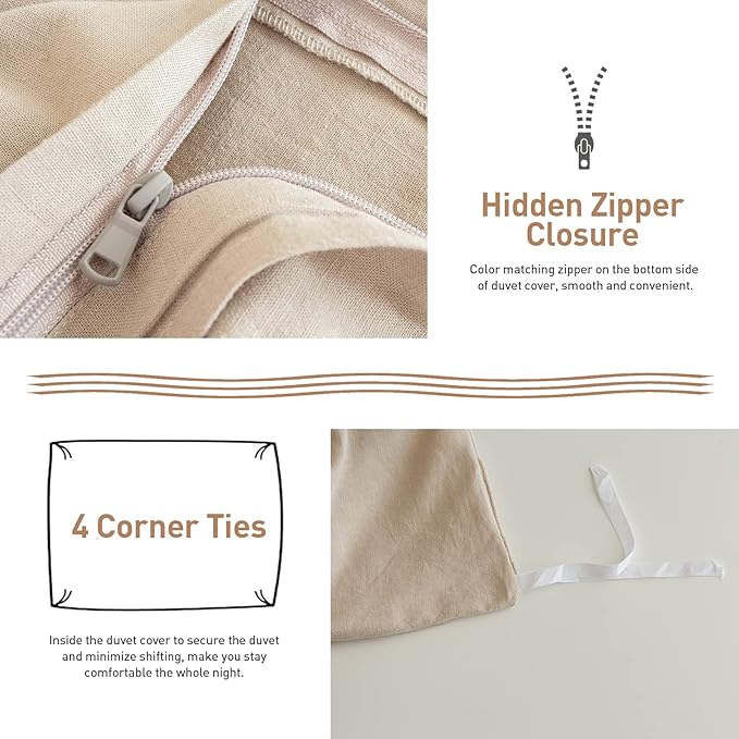 BISELINA French Linen Duvet Cover Set 2pcs with Hidden Zipper Closure Natural Flax Cotton Blend Solid Color Soft Breathable Luxury Farmhouse Bedding - Twin Size, Linen/Beige