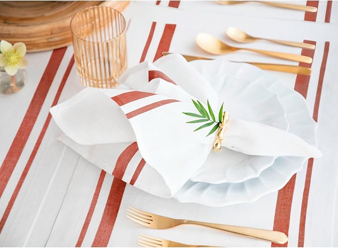 Solino Home Linen Dinner Napkins Set of 4-100% Pure Linen French Stripe Red and White Napkins 20 x 20 Inch for Summer, 4th of July