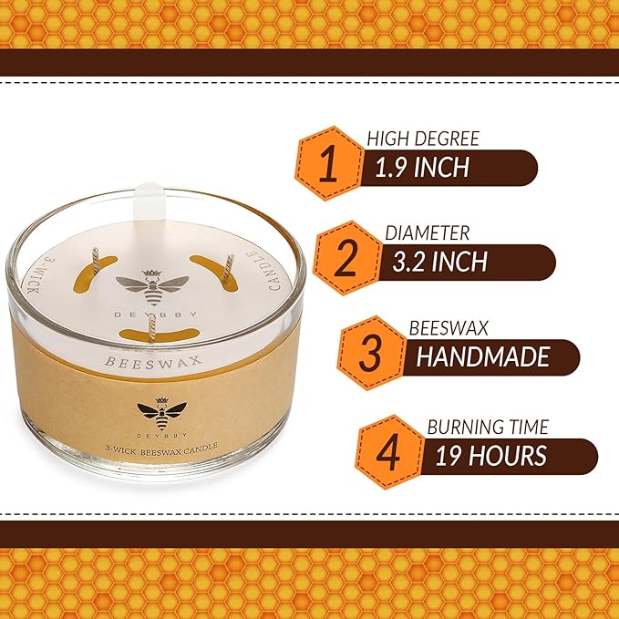 DEYBBY Beeswax Jar Candle - 3 Wick Beeswax Candle Gift - Handpour Candle with Natural Scent for Home Decor Bath Relaxation Houusewarming Gift
