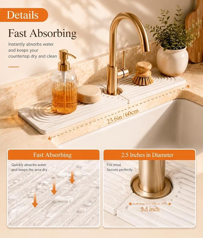 6-Pack Large Stone Dish Drying Mat for Kitchen Counter 23”x15” - Quick-Dry Absorbent Diatomaceous Earth Mat Set - Stone Faucet Mat 4"x23" + 3 Stone Trays 4"x8", 4"x4"+ Bamboo Palm Brush (White)