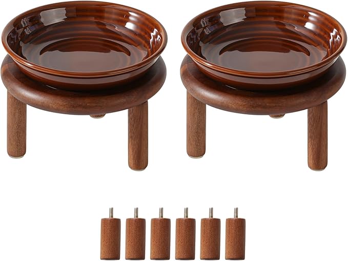 Havniva Elevated Cat Bowls Raised Ceramic Cat Bowl, 5.7” Wide Opening Cat Food Bowl Whisker Friendly Cat Dish Anti-Slip with Wood Stand, Shallow Pet Food & Water Bowl for Indoor Cats