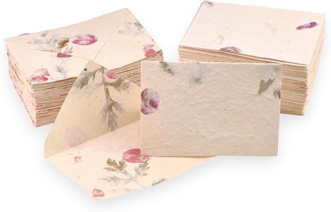 Kathmandu Valley Co. 50 Vintage 4x6 Handmade Lokta Paper Nepali Cherish Greeting Cards & Matching Decorative Flower Petal Envelopes. Folded blank cards. Handmade In Nepal. (Forest Wanderer)
