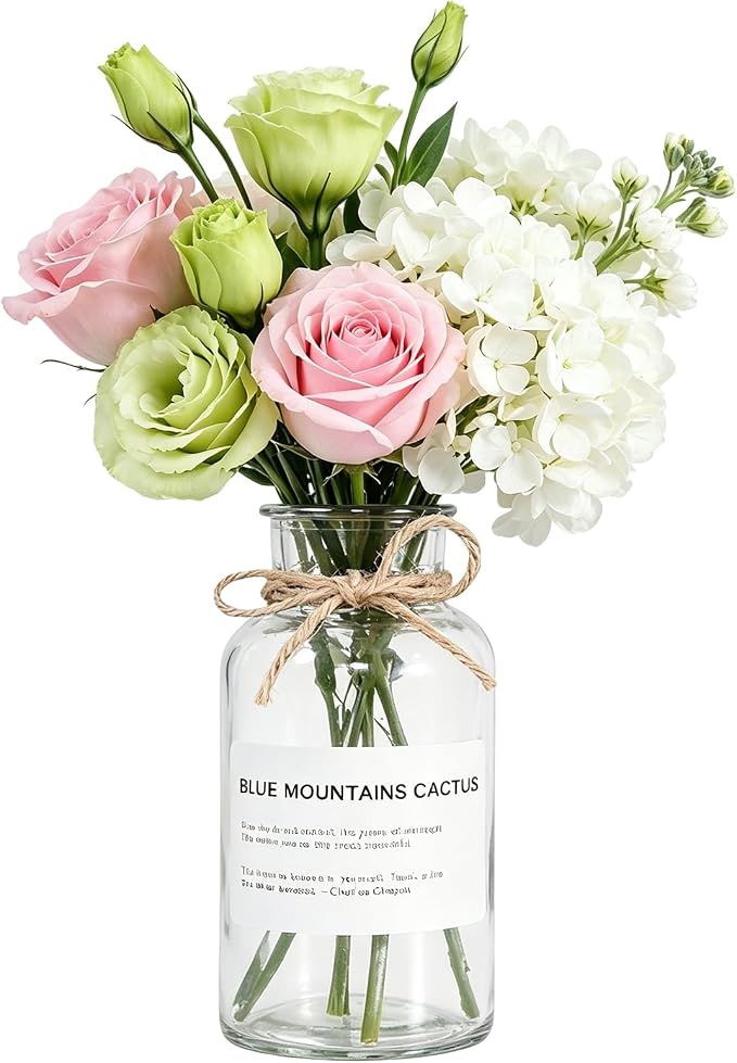500ML Vintage Glass Vase Minimalist Clear Rustic Cylinder Bottles with Hemp Rope & Stickers for Wedding Centerpieces, Floral Arrangements, Farmhouse Home Decor, Table & Bookshelf Display