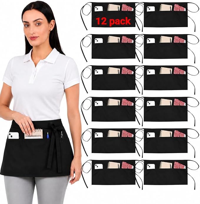 Waist Apron with 3 Pockets Waterdrop Resistant Premium Cotton Waitress Apron 10 Color Option Server Apron Chef Apron (BLACK, PACK OF 12)