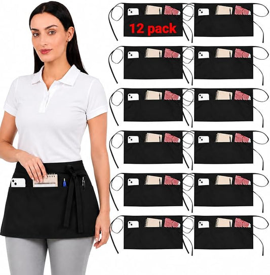 Waist Apron with 3 Pockets Waterdrop Resistant Premium Cotton Waitress Apron 10 Color Option Server Apron Chef Apron (BLACK, PACK OF 12)