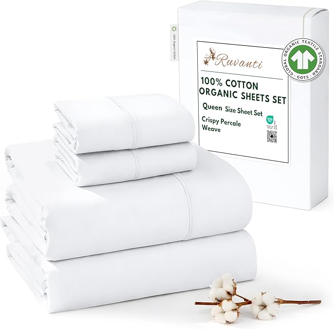 RUVANTI 100% Cotton Organic Percale Sheets Queen Size – Crisp Cooling Bed Sheets for Hot Sleepers, Deep Pocket 15”, Soft Peach Finish, Breathable & Durable Hotel-Style 4 Pcs, Bright White