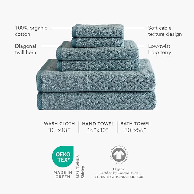 Texere 100% Organic Cotton Jacquard 650 GSM Premium Bath Towel Sets - Extra Absorbent Quick Dry and Plush, 2 Large Bath Towels, 2 Hand Towels, 2 Washcloths (Cable, Estate Blue, 6 Piece)