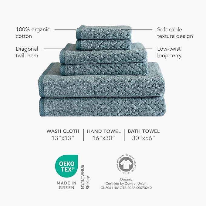 Texere 100% Organic Cotton Jacquard 650 GSM Premium Bath Towel Sets - Extra Absorbent Quick Dry and Plush (Cable, Smoke Blue, 4 Bath Towels)