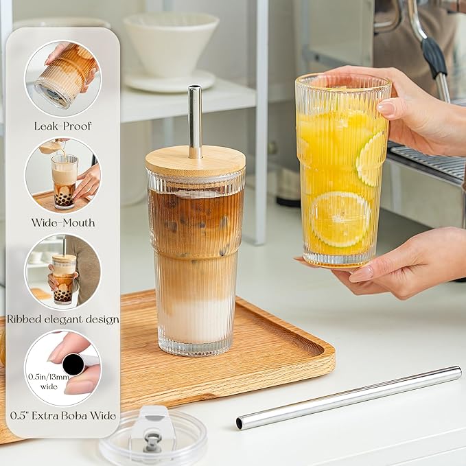KEMORELA 20oz Ribbed Glass Tumblers with Reusable Stainless Steel Straws, Bamboo & Leak-Proof Dual Lids, Extra-Wide 13mm straw, 2Pc Vintage Drinking Glasses for Boba,Iced Coffee, Smoothies,Travel Cups