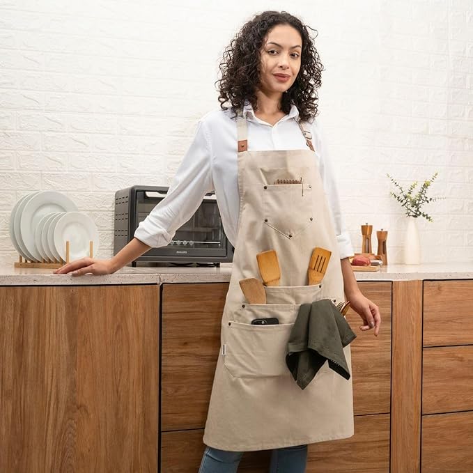 Cotton Canvas Apron for Women & Men – Adjustable Neck Strap & Waist Ties with Pockets