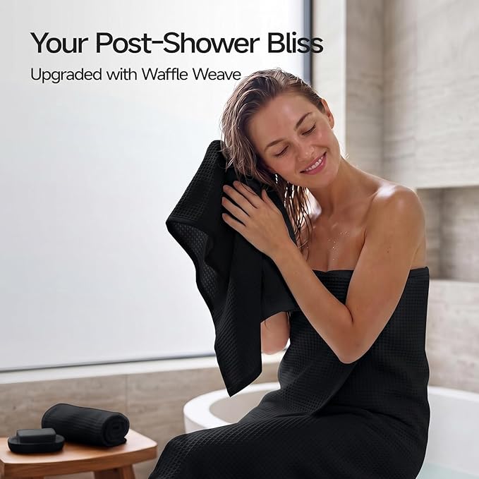 ecolook 6-Piece Waffle Weave Towel Set, 100% Cotton, Lightweight, Absorbent & Quick-Drying, 2 Bath Towels (31×63 in), 2 Hand Towels, 2 Washcloths, Lint-Free for Bathroom, Pool, Gym, Travel - Black