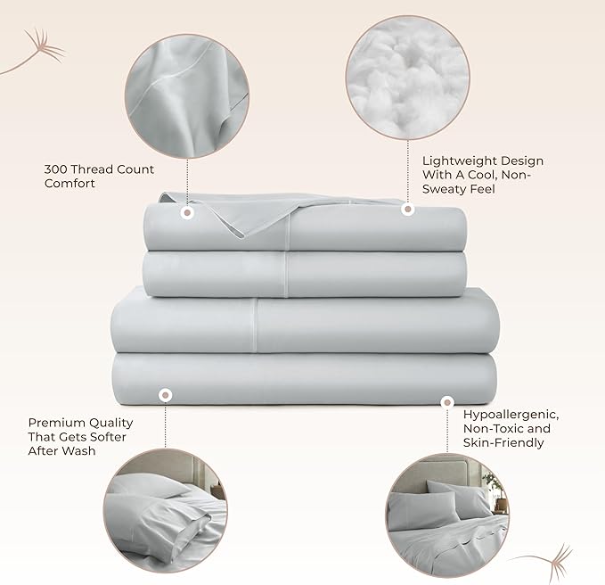 100% Organic Cotton Sheets Twin Size - GOTS Certified Organic Bed Sheets with Deep Pocket 300 Thread Count & Cozy Sateen Weave Gets Softer with Each Wash - Luxury 3 Piece Set (Shore, Twin)
