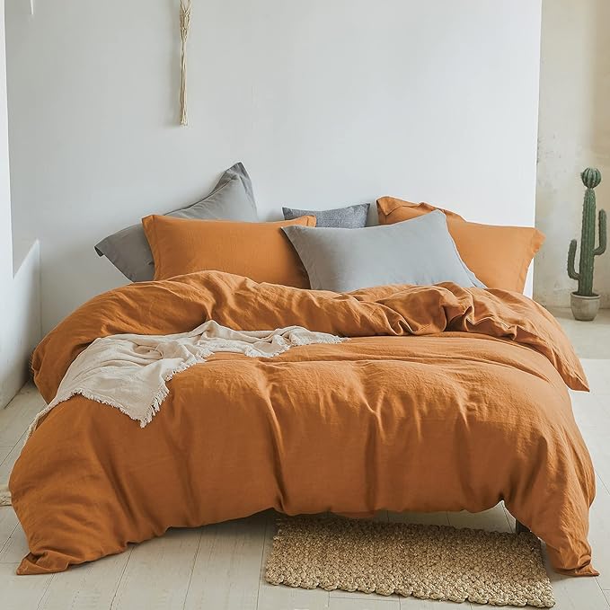 Simple&Opulence 100% Linen Duvet Cover Set 3pcs Basic Style Natural French Washed Flax Solid Color Soft Breathable Farmhouse Bedding with Button Closure - Rust, King