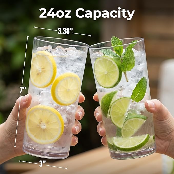 Zulay Kitchen Plastic Drinking Glasses (Set of 6) – 24oz Acrylic Shatterproof Water Cups for Home, Kitchen & Outdoors – Crystal Clear Glass Look – BPA & Lead-Free – Top-Rack Dishwasher Safe