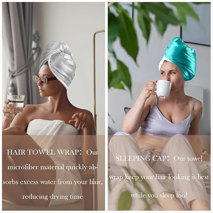 Chloven Satin Microfiber Hair Towel Wrap for Women - 2 Pack Anti Frizz Hair Turbans for Wet Hair,Super Absorbent &Lightweight Hair Wrap Towels，Hair Drying Towel for Curly Long Hair with Button
