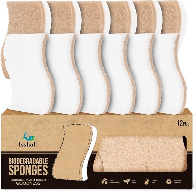 Isshah Plant-Based Natural Kitchen Sponges for Dishes- FSC Certified and PETA Approved, 12 Count