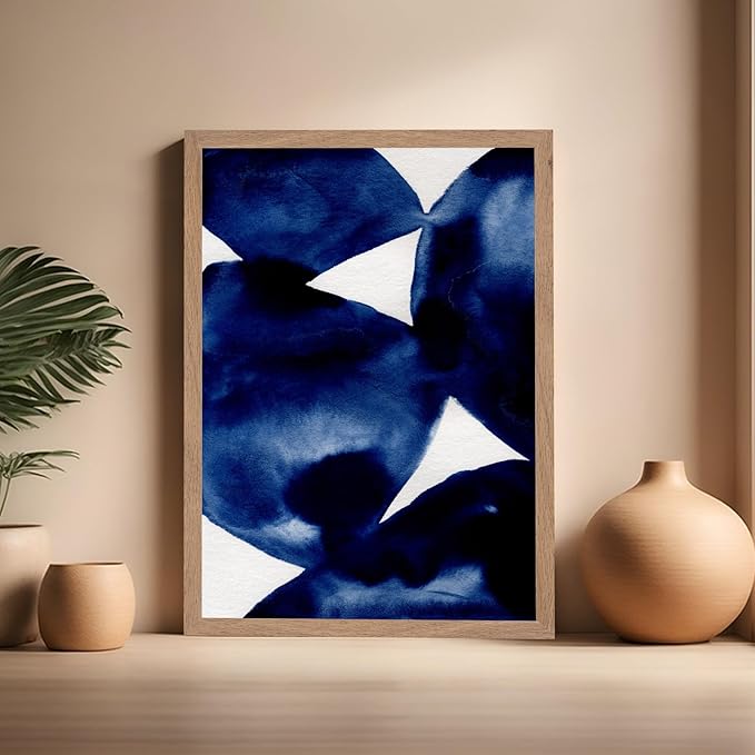 Monem Art Indigo Abstract Watercolor Painting Print - Minimalist Modern Art Poster - Wall Decor for Living Room, Bedroom or Office - 16x20 Beige Framed Wall Art by Mareike Bohmer