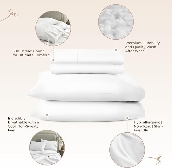 100% Organic Cotton Sheets Twin Size - GOTS Certified Organic Bed Sheets with Deep Pocket 500 Thread Count and Cozy Sateen Weave Gets Softer with Each Wash - Luxury 3 Piece Set (White, Twin)