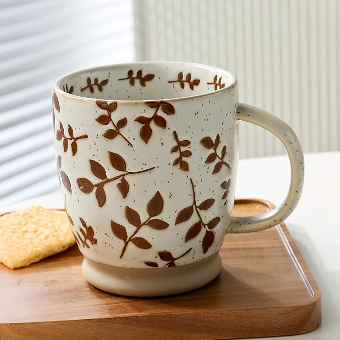 Ceramic Coffee Mug with Colorful Pattern, 18OZ Stoneware Coffee Mug with Large Handle, Tea Cup for Cappuccino, Cocoa, Latte, Tea, Microwave, Oven and Dishwasher Safe, Red leaves