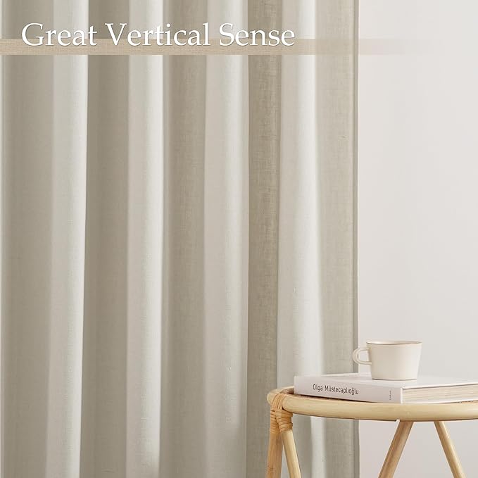 NICETOWN Beige Cotton Linen Curtains 84 inch Long 2 Panels Set, 55" Wide Flax Belgian Linen Blend Organic Privacy Window Drapes Rod Pocket & Back Tab with Light Filtering for Bedroom/Living Room
