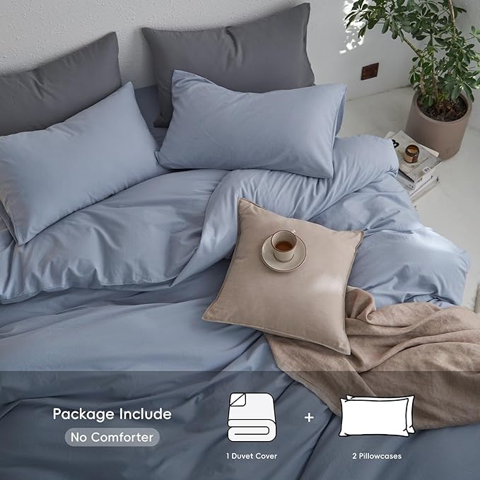 MooMee Bedding Duvet Cover Set 100% Washed Cotton Linen Twill Thick Sturdy Material Super Soft Breathable Durable for All Season 3 Pieces (Cornflower Blue, King)