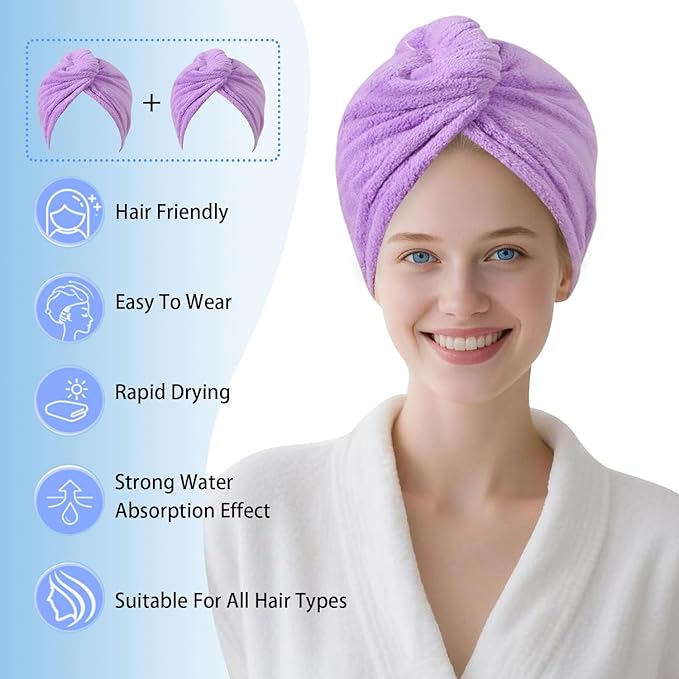 Microfiber Hair Drying Towel Wrap for Women, Hair Turbans Towel for Wet Hair,turbie Twist Hair Towels(The Color of the Picture is for Reference only) (Purple,Purple)