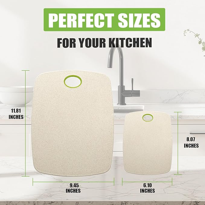 2-Piece Wheat Straw Cutting Boards Set, 2 Sizes with Secure Non-Slip Base, Dishwasher Safe, Gentle on Knives, Plastic - Gluten Free & BPA Free Chopping Boards for Kitchen