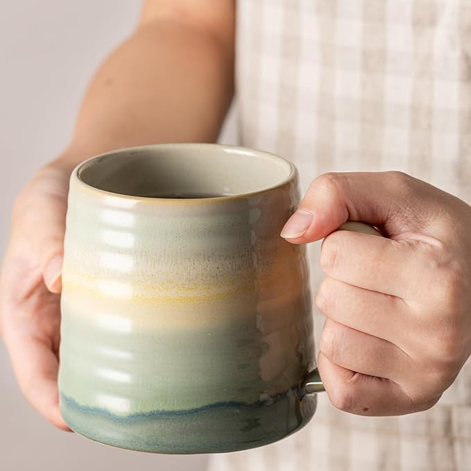 15.5 Oz Large Reactive Glaze Ceramic Mug, Heavy Weighted Stoneware Coffee Cup, Wide Base, Thick Wall Big Tea Cup with Custom Package Box, Microwave & Dishwasher Safe (Dusty Green)