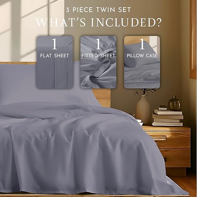 Linen Closet 3 Pc 100% Organic Cotton Twin Sheets Set, Blue, 300 Thread Count, Naturally Derived EarthColors, Deep Pocket Fitted Sheet (Up to 18"), Smooth & Soft Bed Sheets Set, Juego De Sábanas Twin