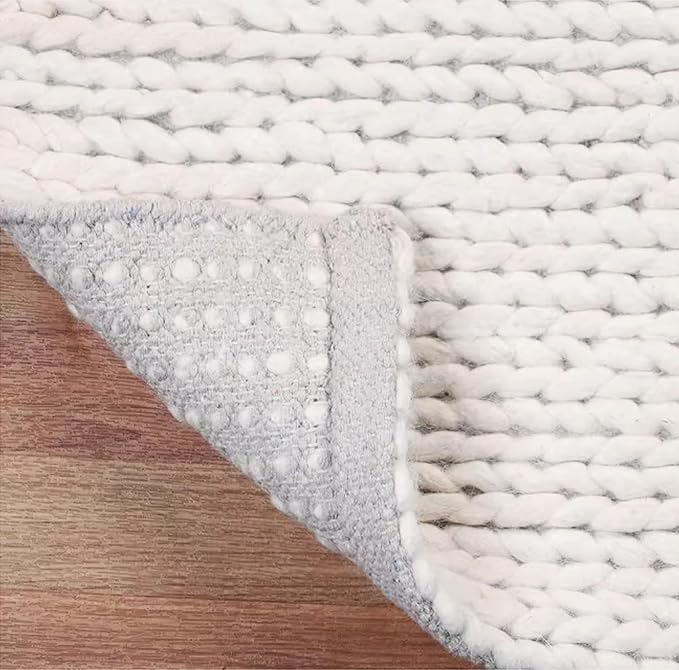 FRELISH DECOR Wool Cotton Premium Hand Woven Braided Chunky Cable Rug - Contemporary Throw Rug for Kitchen Bedroom Nursery Entryway (3' x 5' - Ivory)