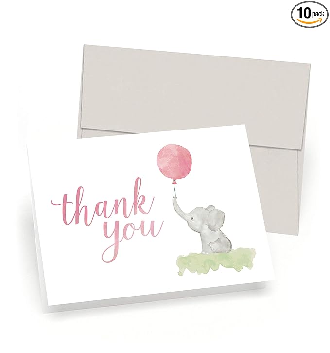 Baby Shower Thank You Cards (Set of 10 Cards + Envelopes) - Watercolor Elephant & Balloon - by Palmer Street Press (Pink)