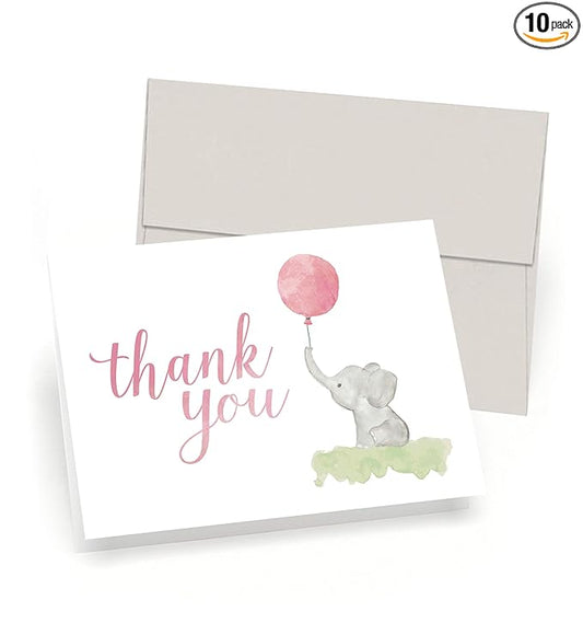 Baby Shower Thank You Cards (Set of 10 Cards + Envelopes) - Watercolor Elephant & Balloon - by Palmer Street Press (Pink)