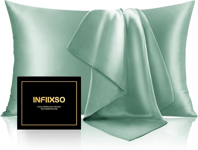 INFIIXSO Mulberry Silk Pillowcase for Hair and Skin, Silk Pillow Cases Standard Size with Hidden Zipper 20x26 Inches, Super Smooth and Soft Cooling Pillow Cases for Hot Sleepers(Mint Green, 1 Pack)
