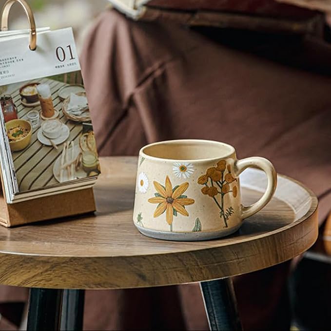 16OZ Ceramic Coffee Latte Mug, Cute Cup for Women, Ideal for Green Tea or Coffee,Hand Painted Floral Design Pottery Mug (sunflower)