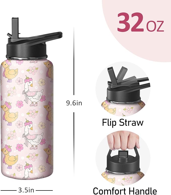 32oz Pink Duck Water Bottle with Handle and Flip Straw, Animal Sports Stainless Steel Insulated Cup Travel Coffee Mug Tumbler, Birthday Mothers Day Chritmas Gifts for Women