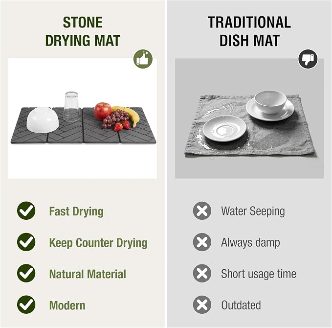 Large Stone Dish Drying Mat for Kitchen Counter,24"×16",Foldable Super Absorbent and Quick Dry Diatomaceous Earth Stone Drying Mat,for Bottles Cups Dishes,Non-slip,Match Any Countertop