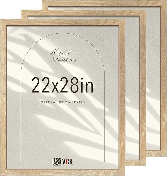VCK 22x28 Poster Frame Natural Solid Wood 3 Pack, Exclusive Wood Grain Wall Hanging Picture Frame for Home Decoration