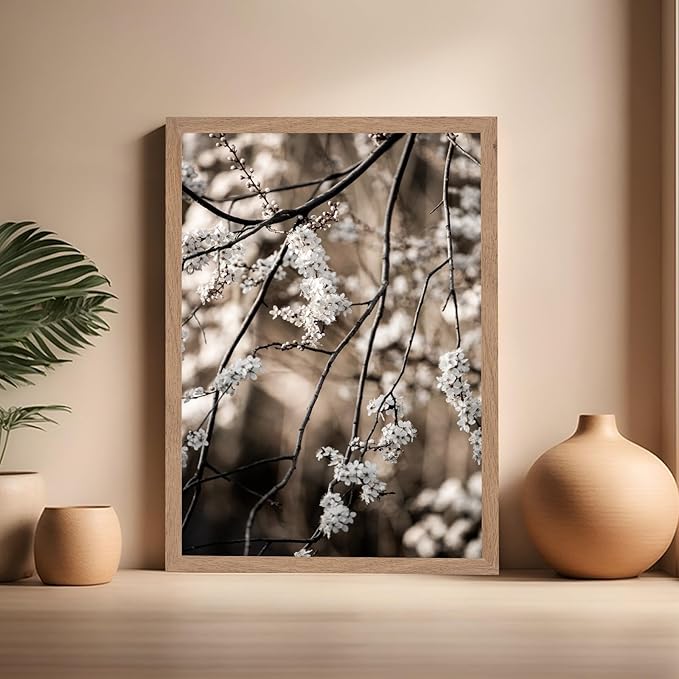 Monem Art Cherry Blossom Branch Photography Print - Moody Botanical Nature Art Poster - Wall Decor for Living Room, Bedroom or Office - 16x20 Beige Framed Wall Art by Mareike Bohmer