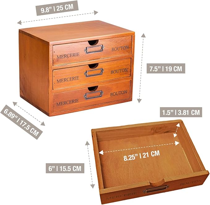 Vintage 3-Drawer Organizer for Desk - Wooden Box with 3 Storage Drawers - Solid Wood Table Top Filing Cabinet for Organization and Storage - Paper Organizer - Rustic Desk Organizers and Accessories