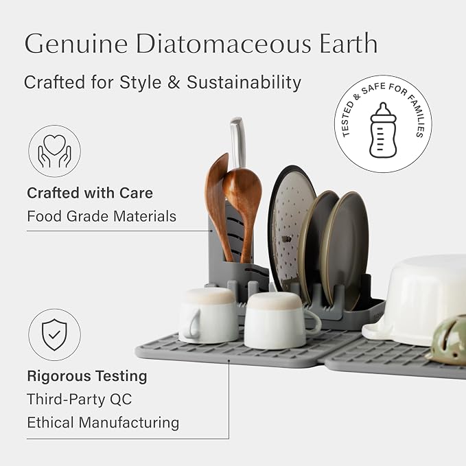 Dorai Home Collapsible Dish Drying Rack with Stone Dish Pad - Kitchen Counter Set with Diatomaceous Earth Stone Dish Mat for Quick Drying - Space-Saving Design - Large 24.6" x 16.5", Slate